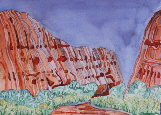 Watercolour painting of Uluru with lots of colour and a bright blue sky,